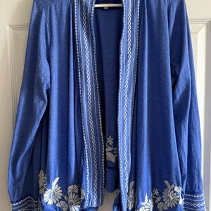 Johnny Was Blue Cardigan with White Embroidery